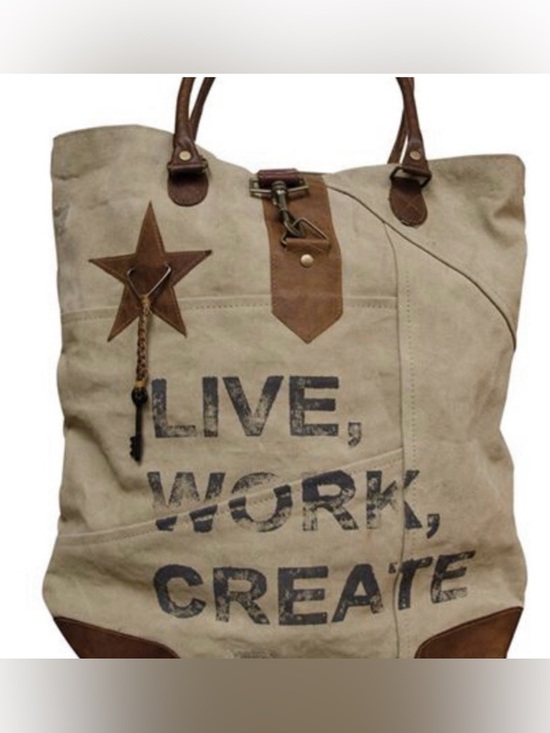 Mona B Handbags - Mona B upcycled “live work create” canvas & vegan leather tote